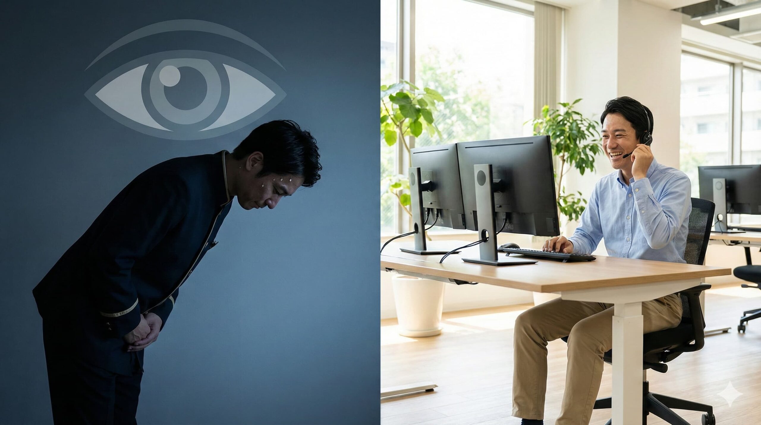 接客業でお辞儀をするストレスと、内勤で働く安心感の対比イメージ