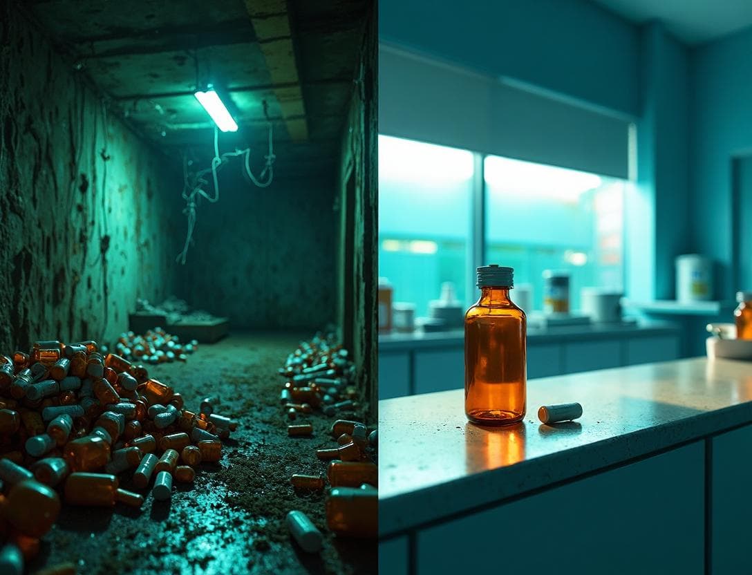 怪しい倉庫にある不衛生な薬の山と、清潔なクリニックの薬の対比
