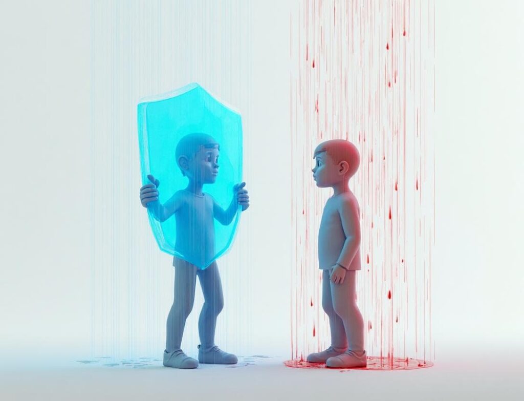 救済制度の傘がさされている人と、傘がなく雨(リスク)に打たれている人のイラスト