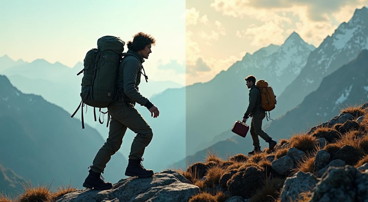 重い荷物を持って険しい山を登る前半と、軽装で平坦な道を歩く後半の対比イメージ
