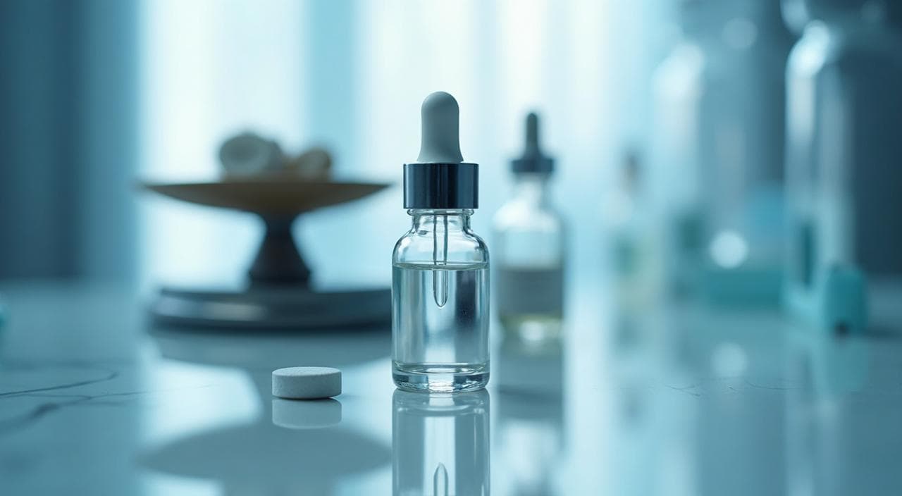 白いテーブルの上に置かれた「錠剤（飲み薬）」と「スポイト（塗り薬）」、背景に天秤