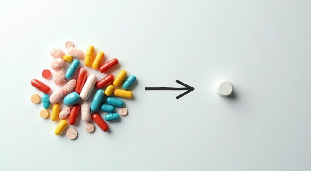 たくさんの薬（攻め）から、一粒の薬（守り）へ変化するイラスト