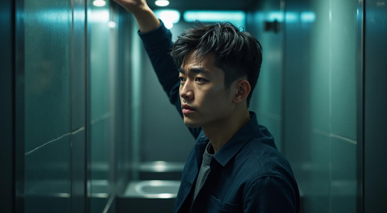 大学のトイレやオフィスの鏡で、生え際を気にして落ち込んでいる若い男性