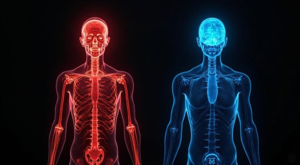 人体のシルエット。飲み薬の場合は全身が赤く光り、塗り薬の場合は頭部だけが青く光る比較図