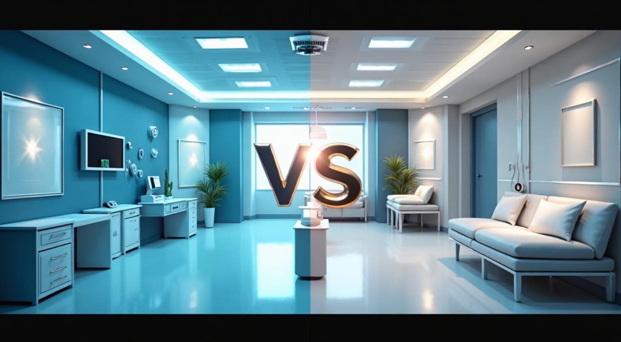 左側に青いテーマのクリニック（AGAスキン）、右側に白と銀のテーマのクリニック（銀クリ）、中央にVSの文字