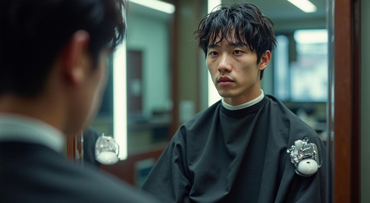 美容室の椅子に座り、ケープをかけられ、鏡に映る自分の生え際を見て絶望している若い男性