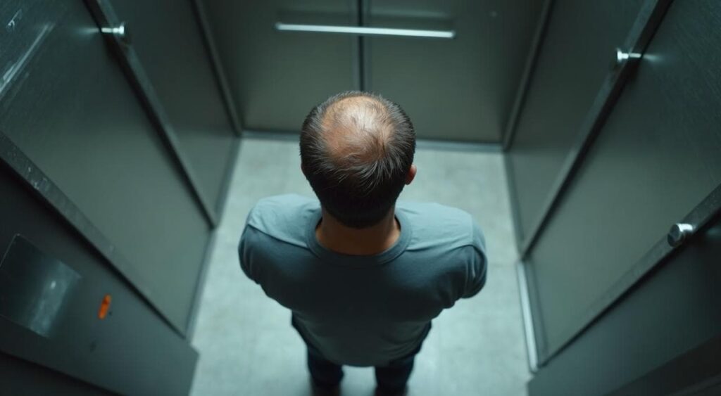 エレベーターの中に設置された防犯カメラのモニター映像。上から見た男性の頭頂部が映っている。