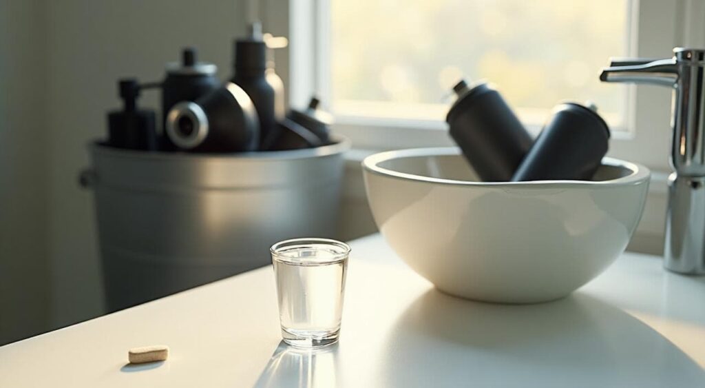 使い切った大量のヘアスプレー缶がゴミ箱に入っている様子と、洗面台に置かれた1粒の薬