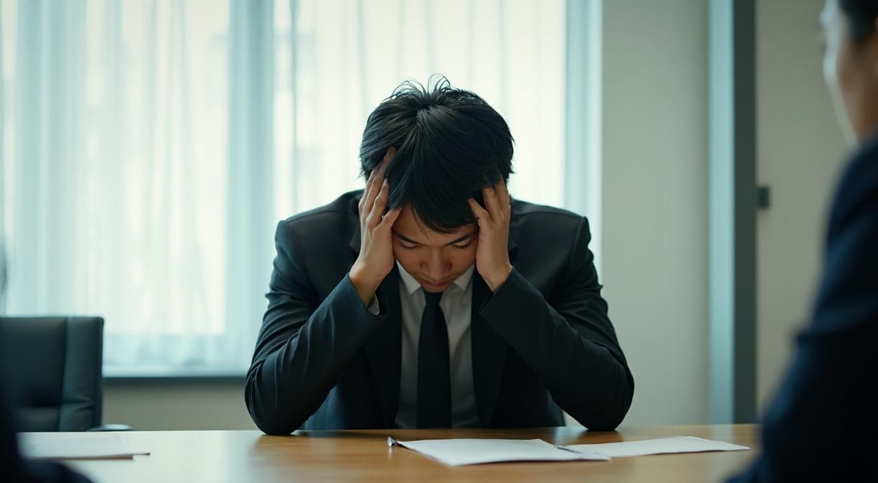 リクルートスーツを着た就活生が、面接会場で深々とお辞儀をしている。その頭頂部を面接官が見ている構図。