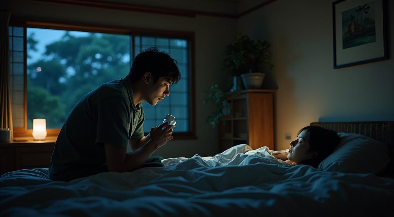 深夜のリビングで、妻に見つからないようにこっそりと薬を飲もうとしている男性のシルエット。緊張感のある雰囲気。