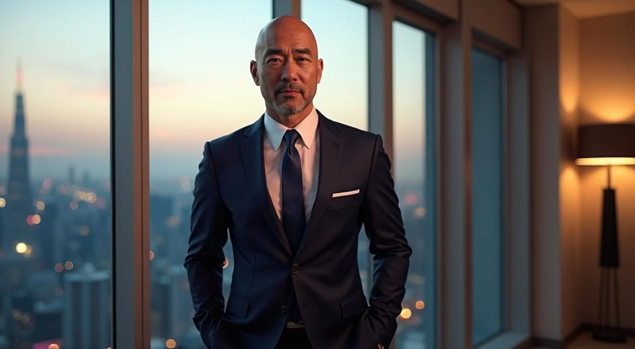 高層オフィスで自信に満ちた表情を見せるスーツ姿の薄毛の男性