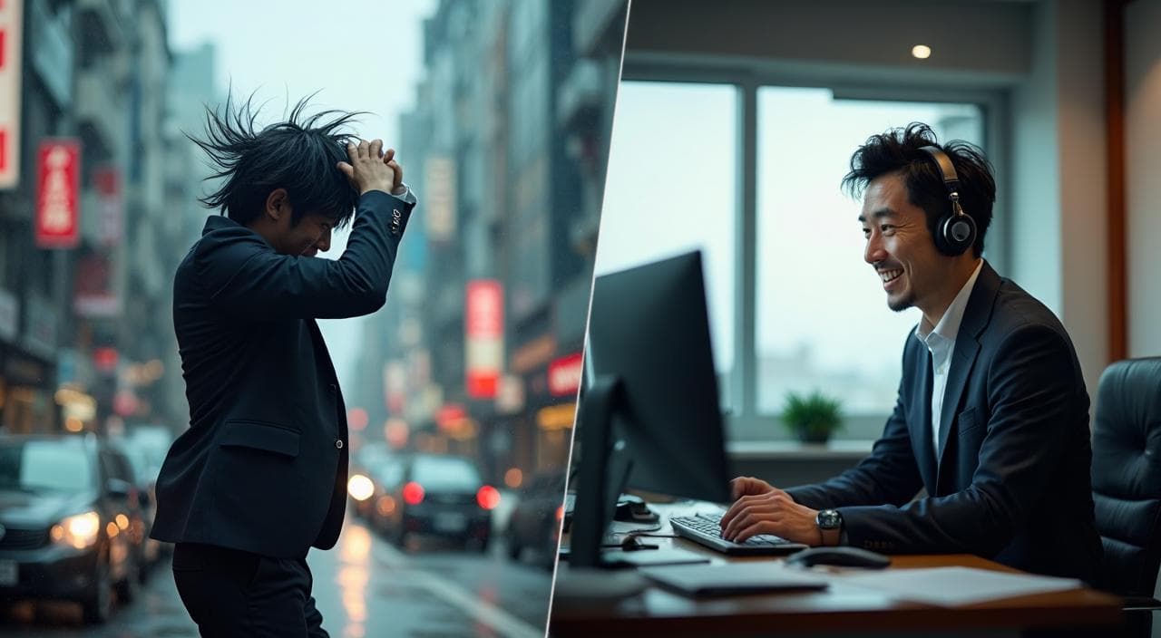 強風に耐える外回り営業と、快適なオフィスで働くインサイドセールスの対比