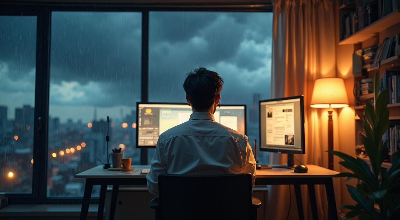 リモートワークの仕事に転職したことで、外が大雨でもストレスフリーで自宅で仕事をしている成功者