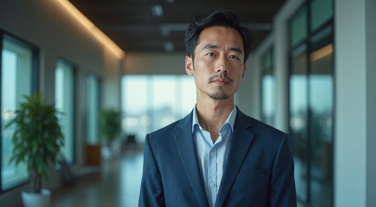 若ハゲ（薄毛）を隠さず、貫禄と落ち着きを武器にして堂々と働く30代ビジネスマンのイメージ