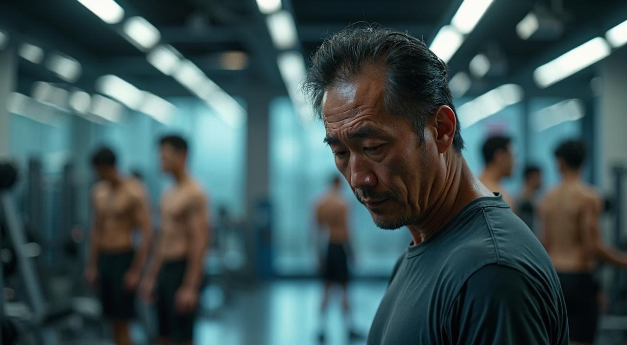 ジムで他人の視線や汗による薄毛の露出が気になり、運動に集中できない男性の悩み