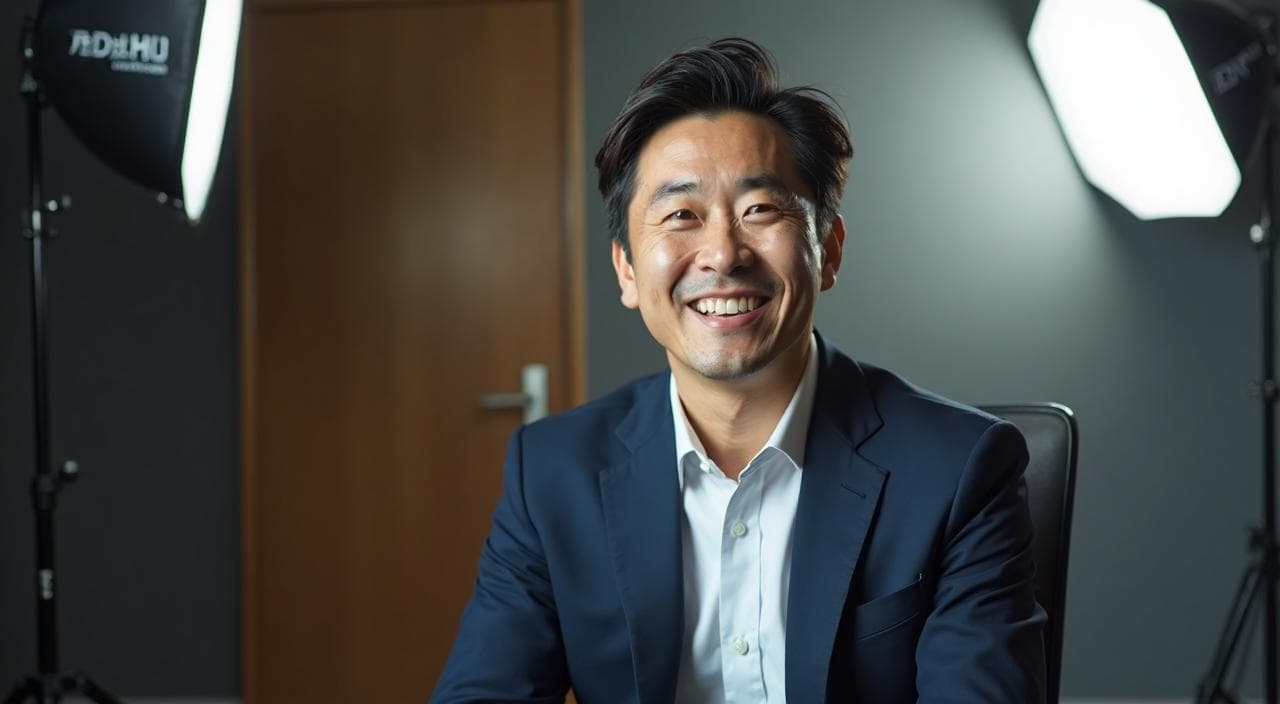 写真館のプロの照明で清潔感のある履歴書写真を撮影する、自信に満ちた日本人男性のイメージ