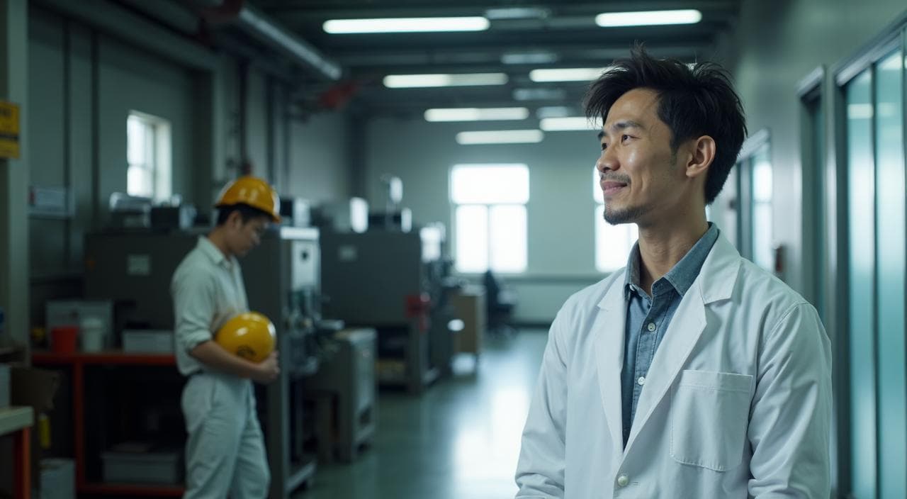 ヘルメットを被る現場作業から、快適なオフィスの研究開発職へとキャリアアップを果たしたエンジニアのイメージ