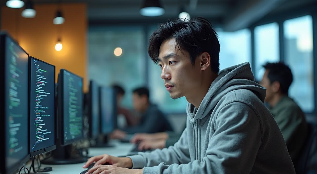 外見や髪の量を気にすることなく、リラックスした環境で技術に没頭するITエンジニアのイメージ