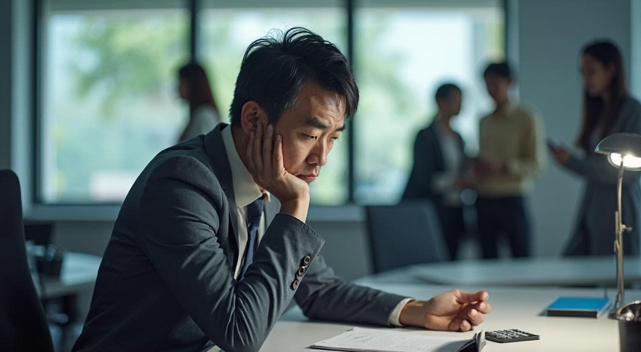 女性の多い職場で周囲の視線や陰口が気になり、強い精神的ストレスを感じている薄毛の男性