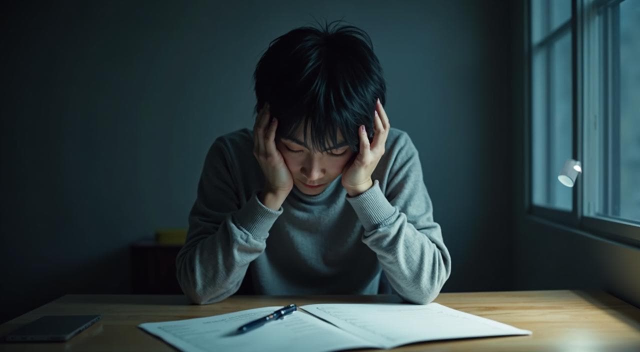 経歴に自信がなく、白紙の履歴書を前に就職活動への恐怖と絶望を感じるフリーターの男性