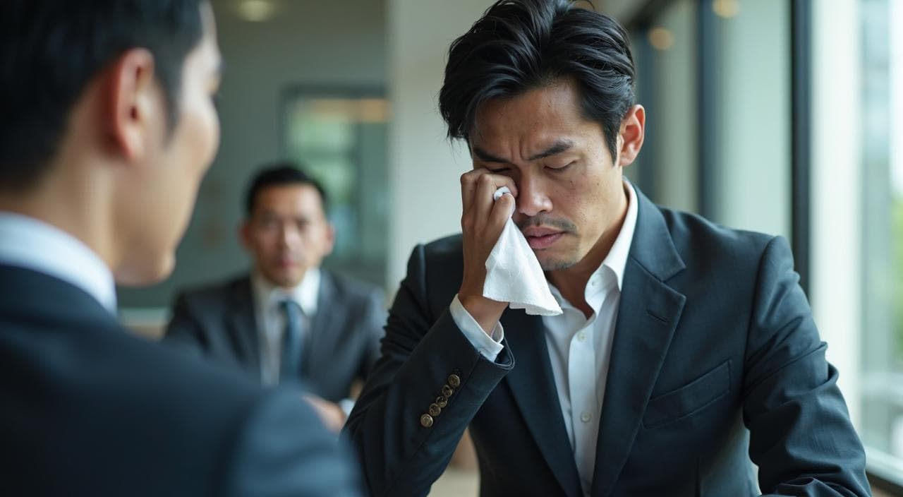 営業の商談中に顔汗が止まらず、顧客の視線に強いストレスと恐怖を感じる多汗症の男性